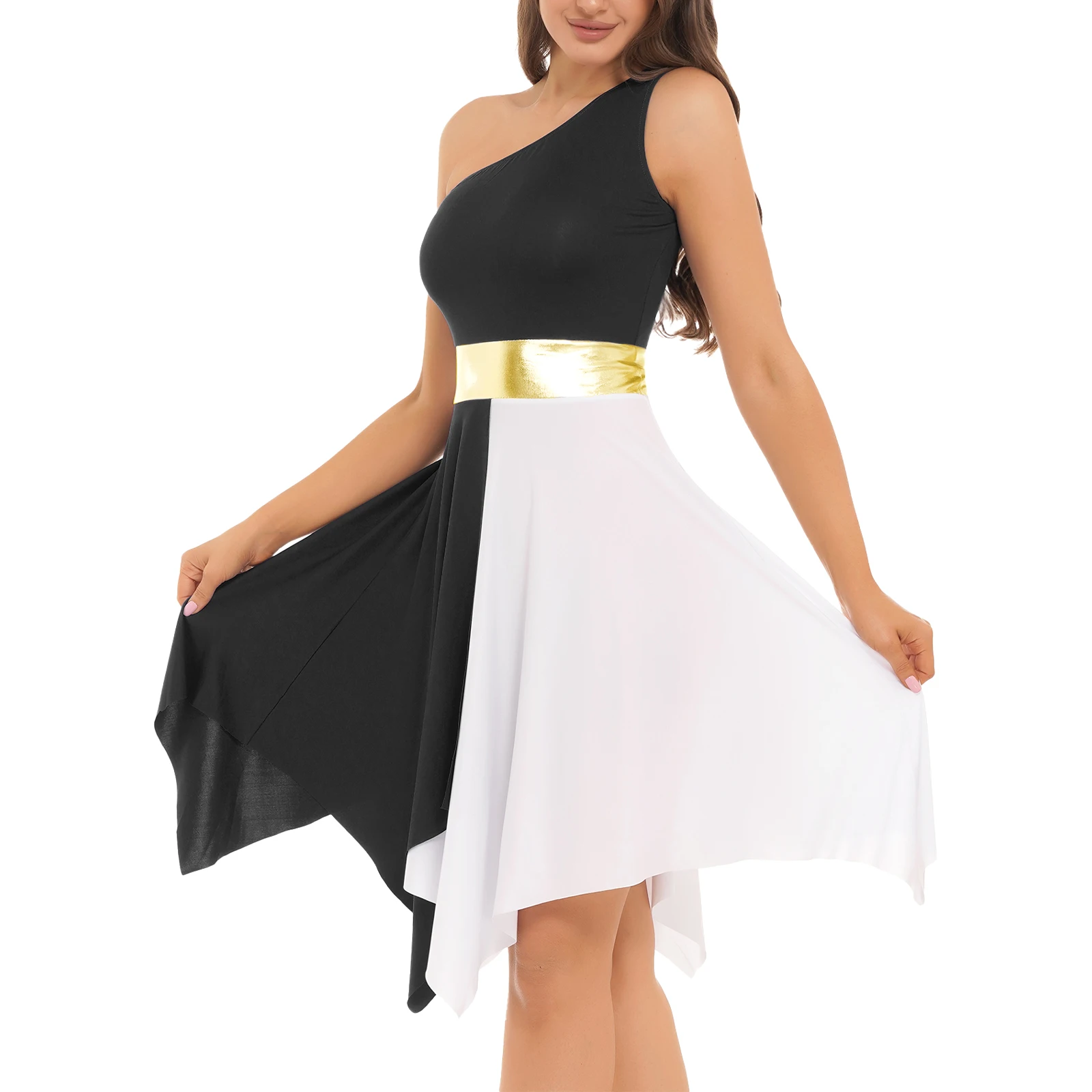 Womens Ballet Dress Liturgical Praise Dance Dress One Shoulder Sleeveless Metallic Color Block Church Worship Overlays Tunic