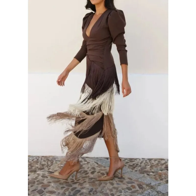 Élégant col en V profond mince robes de bal 2025 printemps solide épissé gland longue robe femmes à manches longues nouvelle automne Maxi robe