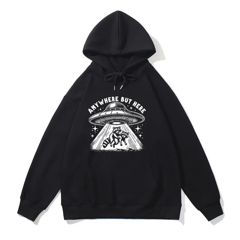 

Male Streetwear Hoodies nywhere but Here Funny Raccoon Printed Sweatshirts Women Cool Casual Harajuku Hooded Pullover