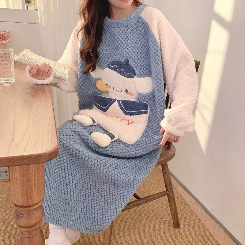 Cartoon Winter Coral Velvet Sleep Dress Women Long Sleeve Knee-length Nightgown Student Fleece-lined Thickened Flannel Homewear