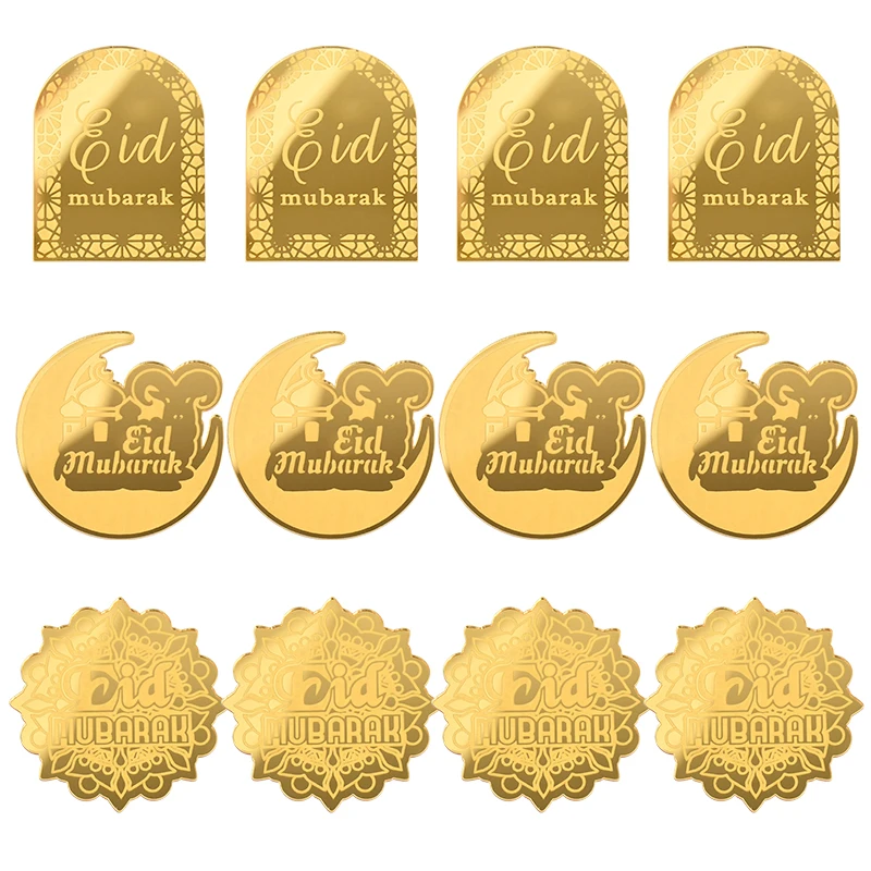 10pcs Eid Mubarak Acrylic Cupcake Toppers Gold Mirror Cake Topper 2024 Ramadan Islamic Muslim Party Decorations Supplies