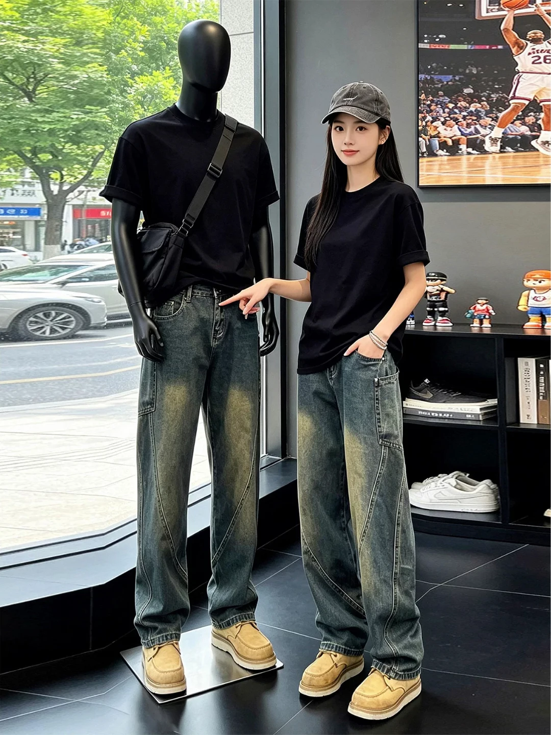 Calças Jeans Retrô Azul Desbotado com Corte Reto e Solto, Estilo Workwear, para Homens e Mulheres, Outono, Jeans Americano co...