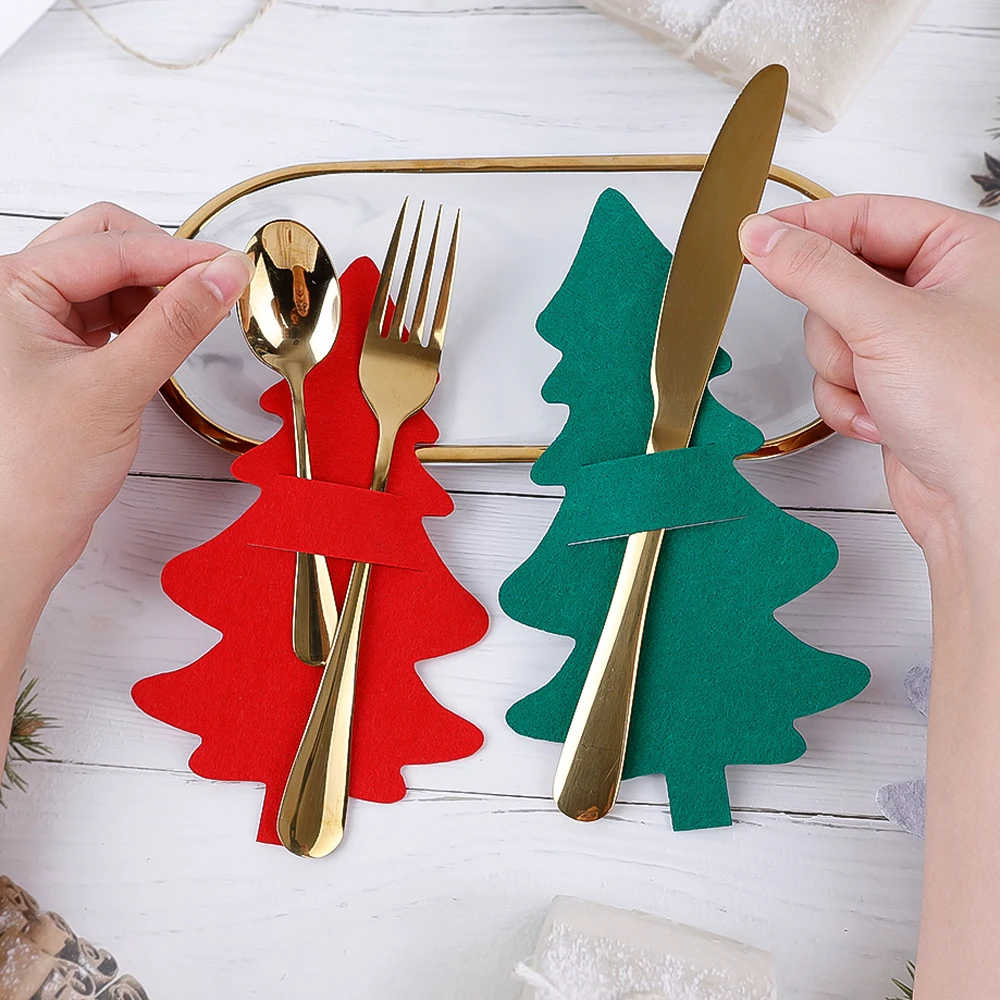 4pcs Christmas Cutlery Holder Bags Xmas Caps Tree Snowflake Spoon Holder Pockets Knife Fork Set Bags Tableware Organizer Decors