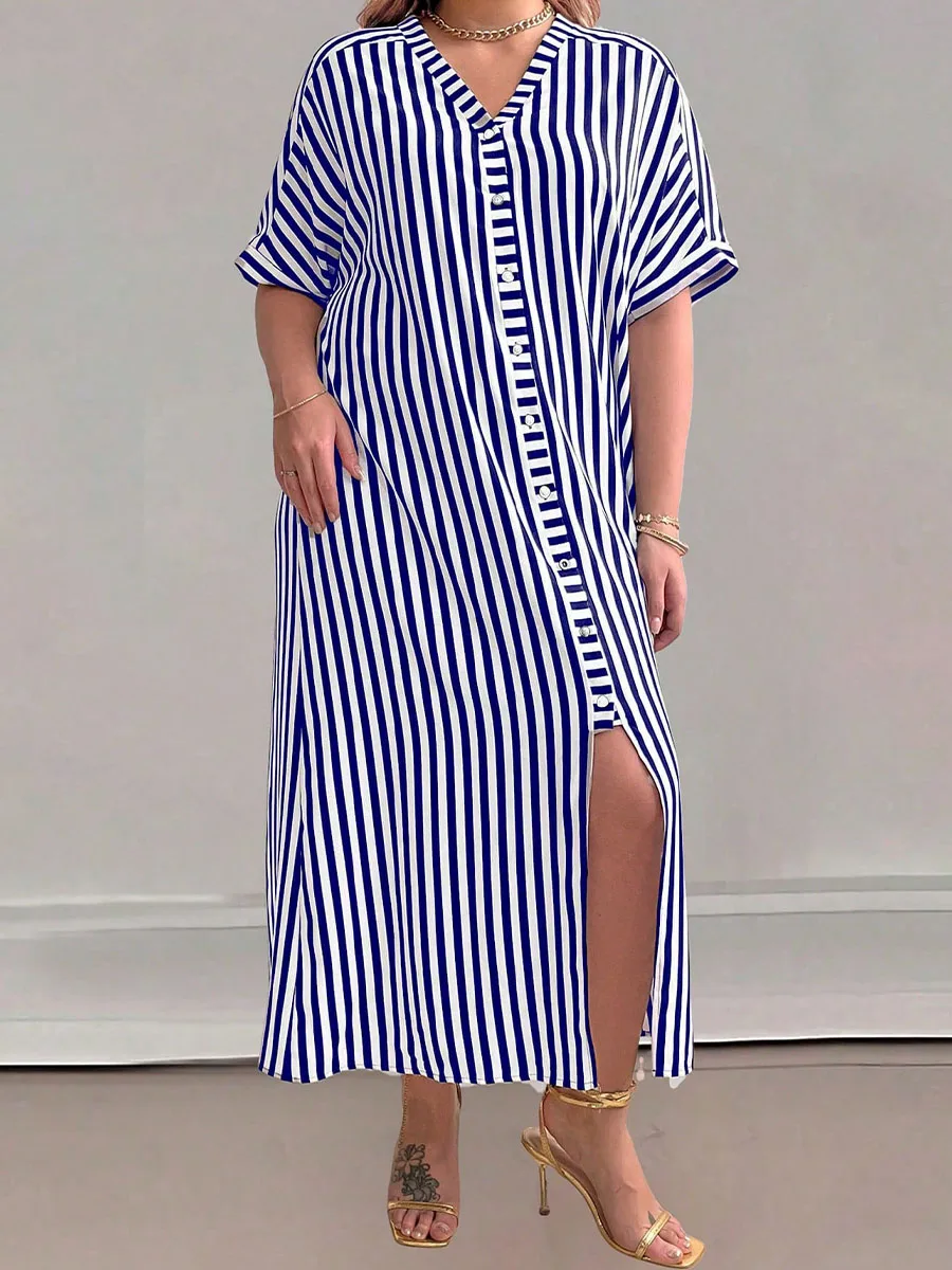 

Fashion Split Striped Loose V-neck Casual Cardigan Short Sleeve Plus Size Dress