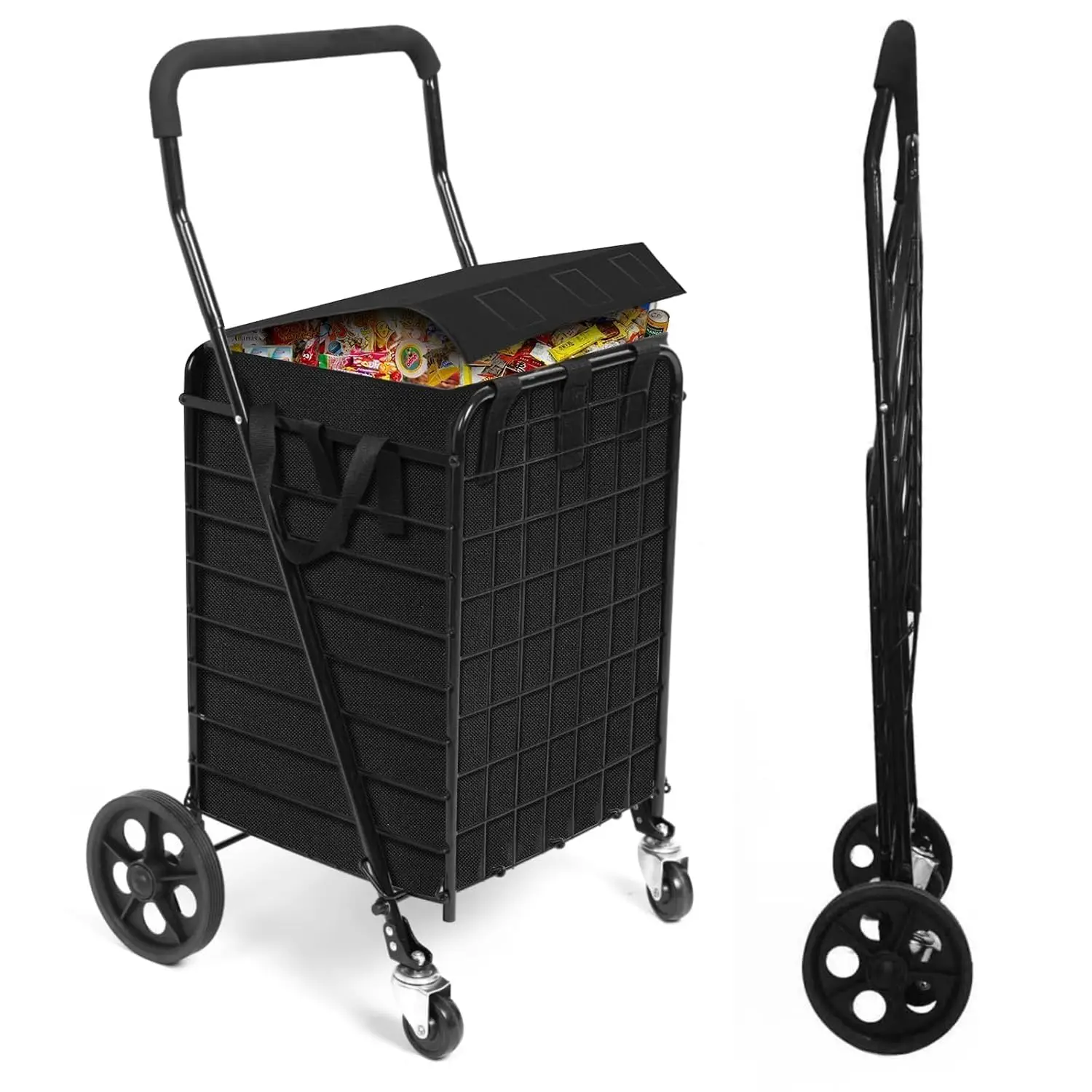 Foldable Shopping Cart with Waterproof Basket Liner & 360° Swivel Wheels, Collapsible, Lightweigt| Perfect for Groceries, Laund