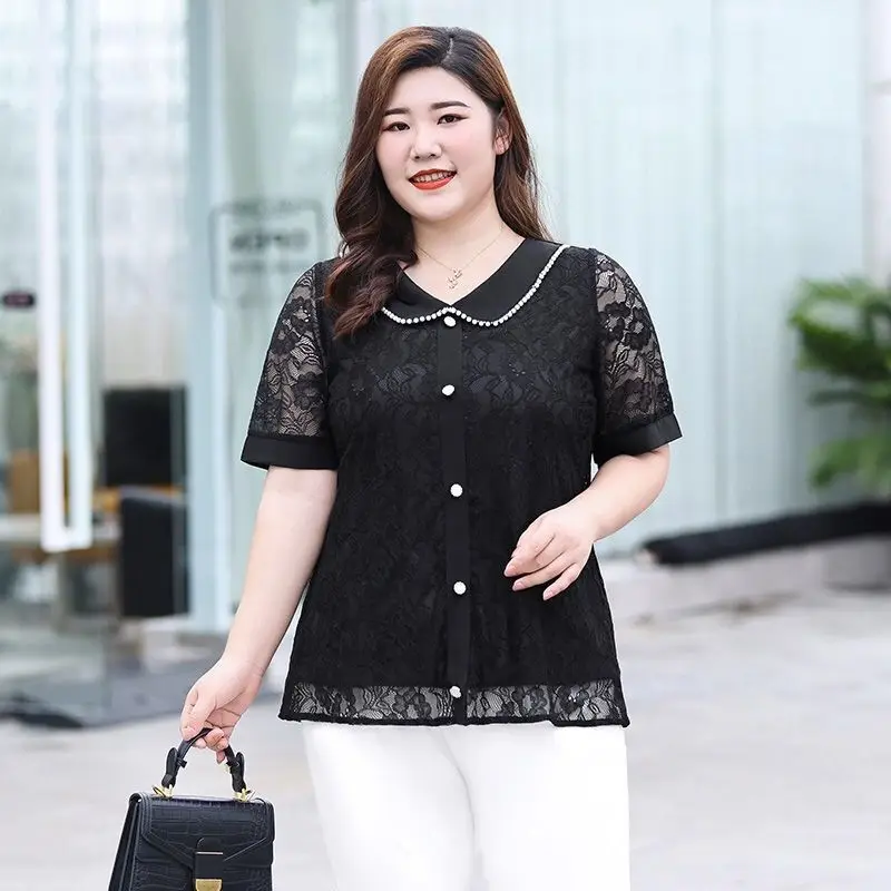 

plus Size Women's ort Sve T-irt Embroidered Lace Faionable Summer Top Korean Sle Casual Wear Pear aped Body pe
