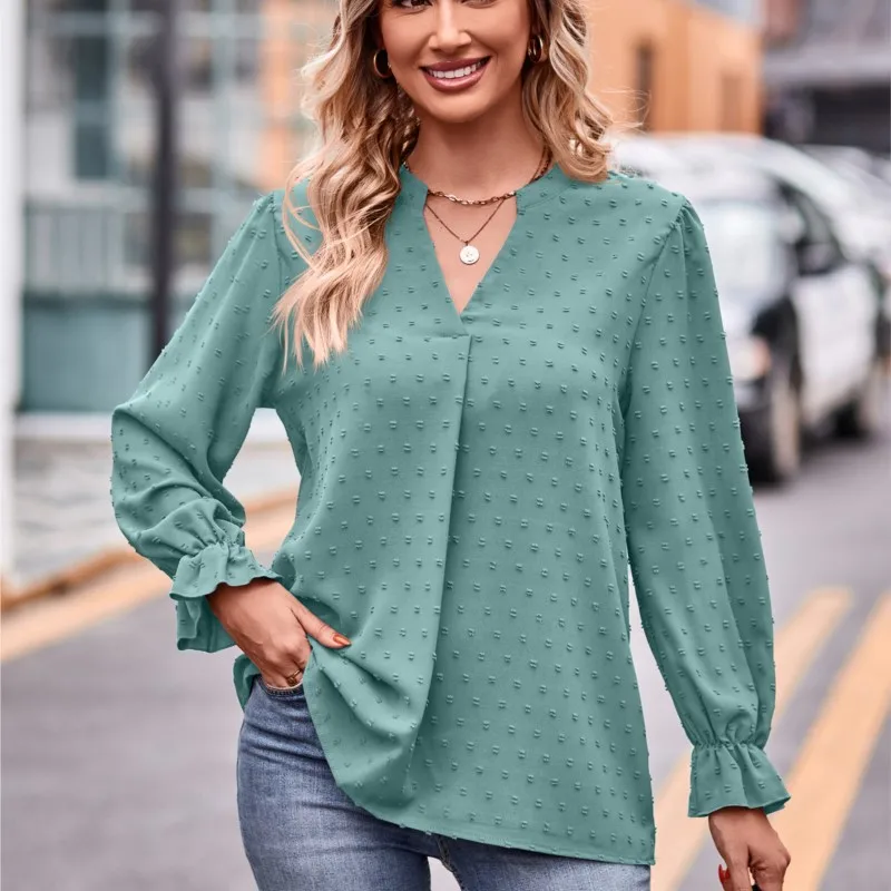 

Зеленая элегантная женская рубашка с длинными рукавами, топ, пуловер с v-образным вырезом, однотонная шерстяная жаккардовая повседневная блузка, весенний новый стиль 2025