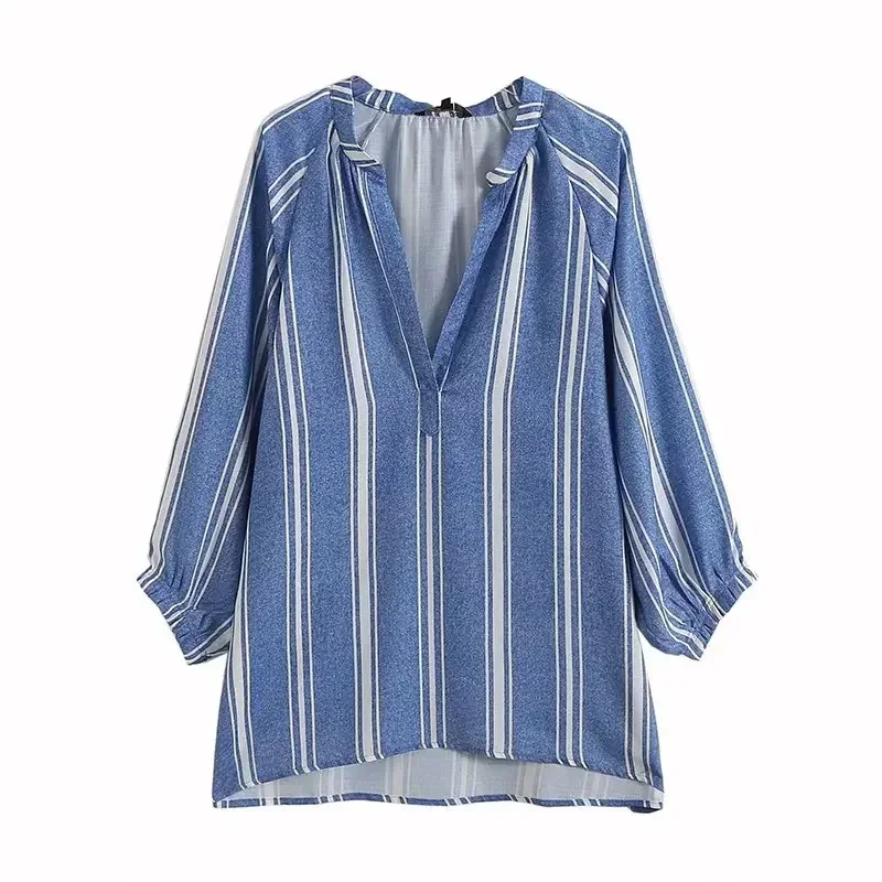 

Women's 2023 Fashion Casual Joker Striped Loose Long Blouses Retro Long-sleeved V-neck Pullover Blouses Chic Tops