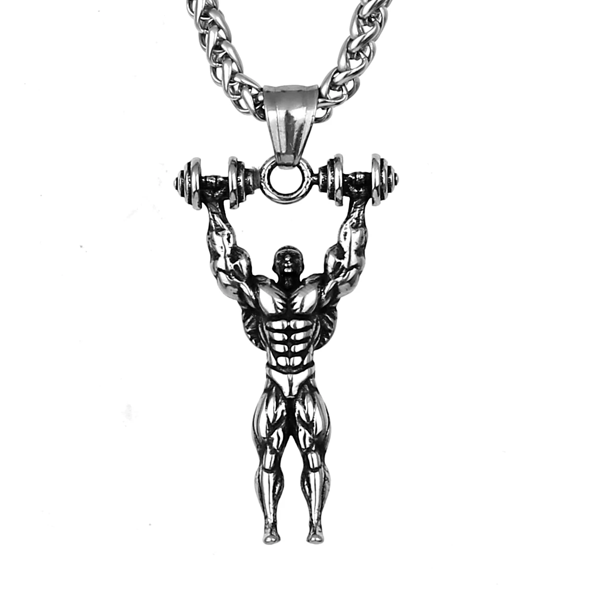 Stainless Steel Fitness Dumbbell Muscle Men\'s Necklace Boutique Vintage Hip Hop Fashion Biker Pendant Jewelry Wholesale