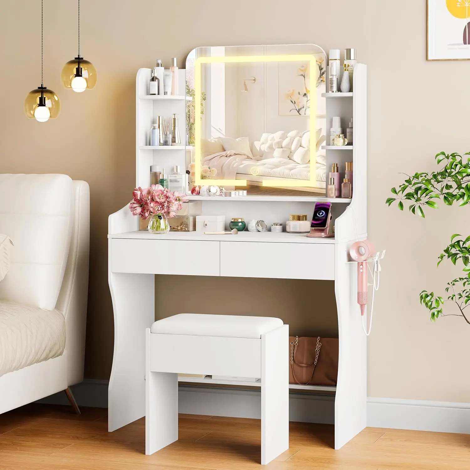 Vanity Desk Mirror Lights 3 Color Brightness 2 Drawers Open Shelves Dressing Table Chair Power Strip Bedroom White, Customized