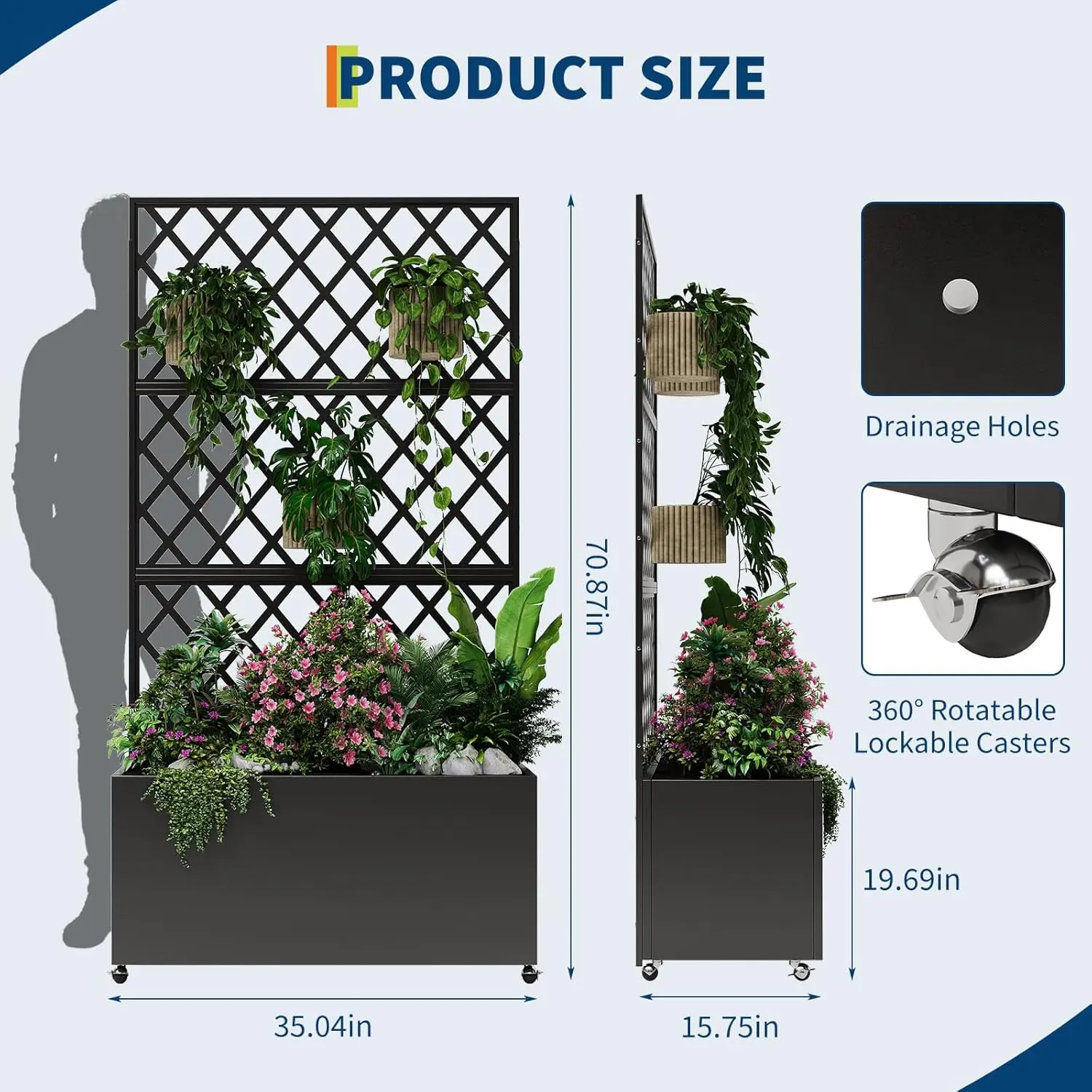 Galvanized Raised Garden Bed on Wheels with Lockable Casters, 3-in-1 Metal Planter Box with Trellis and Privacy Screen for Patio, Outdoor Elevated Planter for Climbing Vegetables