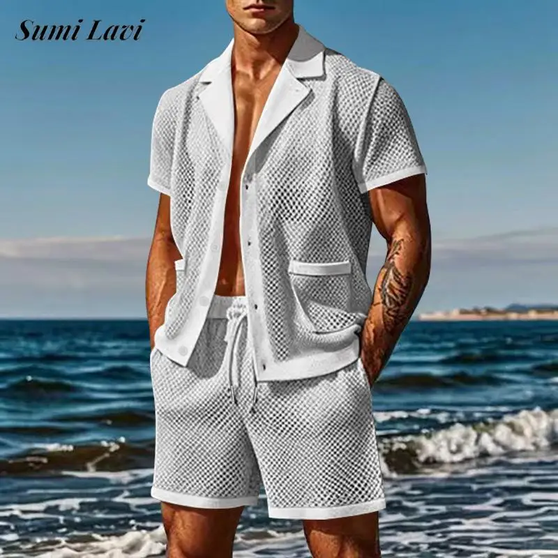 Daily Casual Mens Sexy Outfits See Through Hollow Out Short Sleeve Shirt And Shorts Two Piece Set Men Summer Fashion Mesh Suits