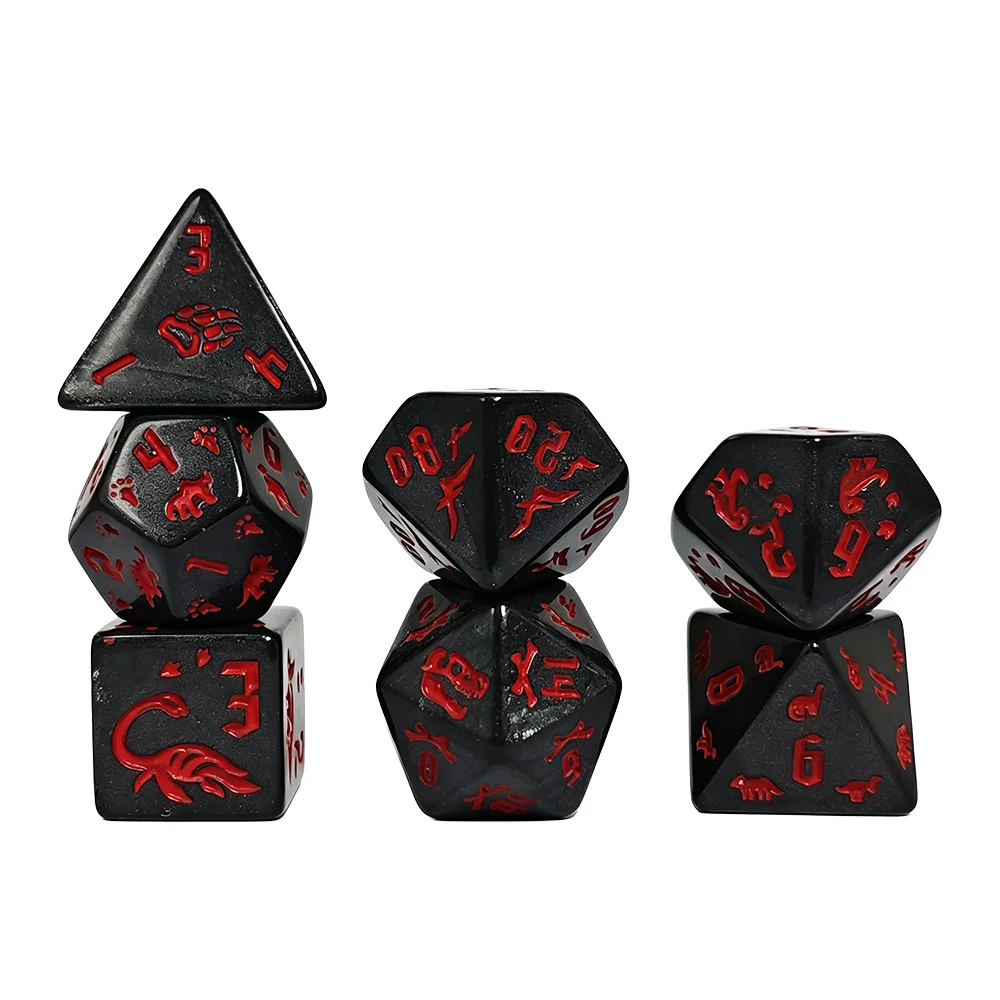 7-teiliges Schwarz-Rotes Dinosaurier-Würfelset, Individuell Gravierte Acryl-Polyeder-Würfel für TTRPG-Brettspiele, DND & Rollenspiele – Detail 5