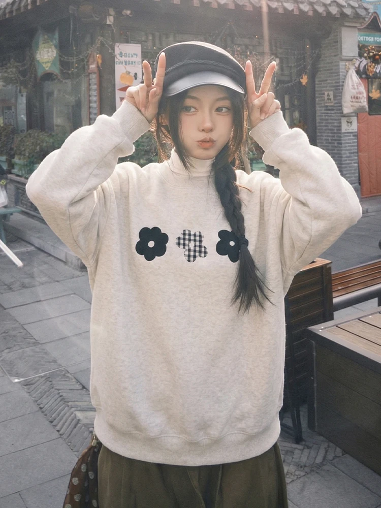 

Laid-ba Sle Long Sve Hoodie Women Early Spring Symmetrical Patch Embroidery Loose Slimming High-End Feeling Base irt...