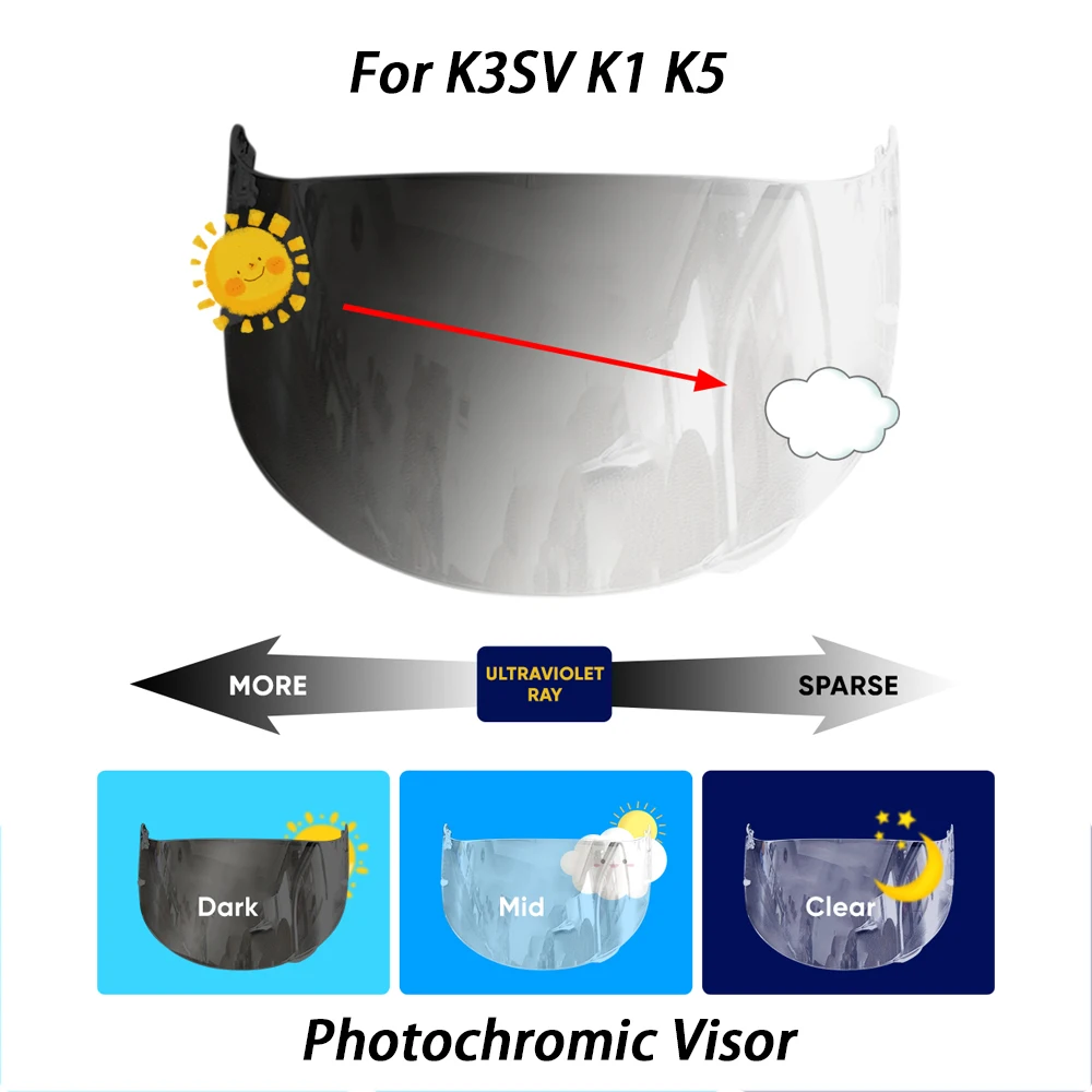 

Helmet Photochromic Visor Lenses which Automatically Darkens & Clears For AGV K1 K5 K5S K5-S K3SV K3-SV Helmet Visor