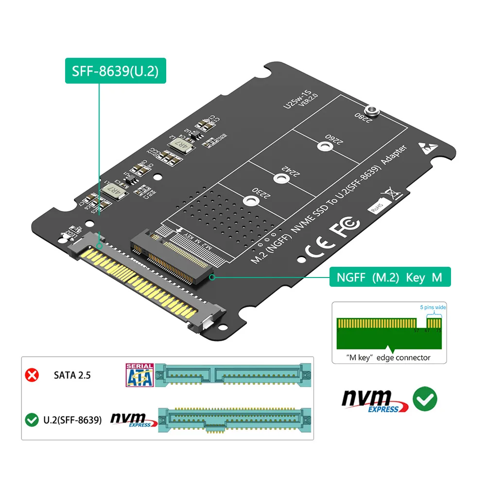ADT-Link M. 2 M KEY SSD to SFF-8639 (U.2) Adapter Card with Aluminum Shell Single M KEY to U.2 Adapter Card 2230 2242 2260 2280
