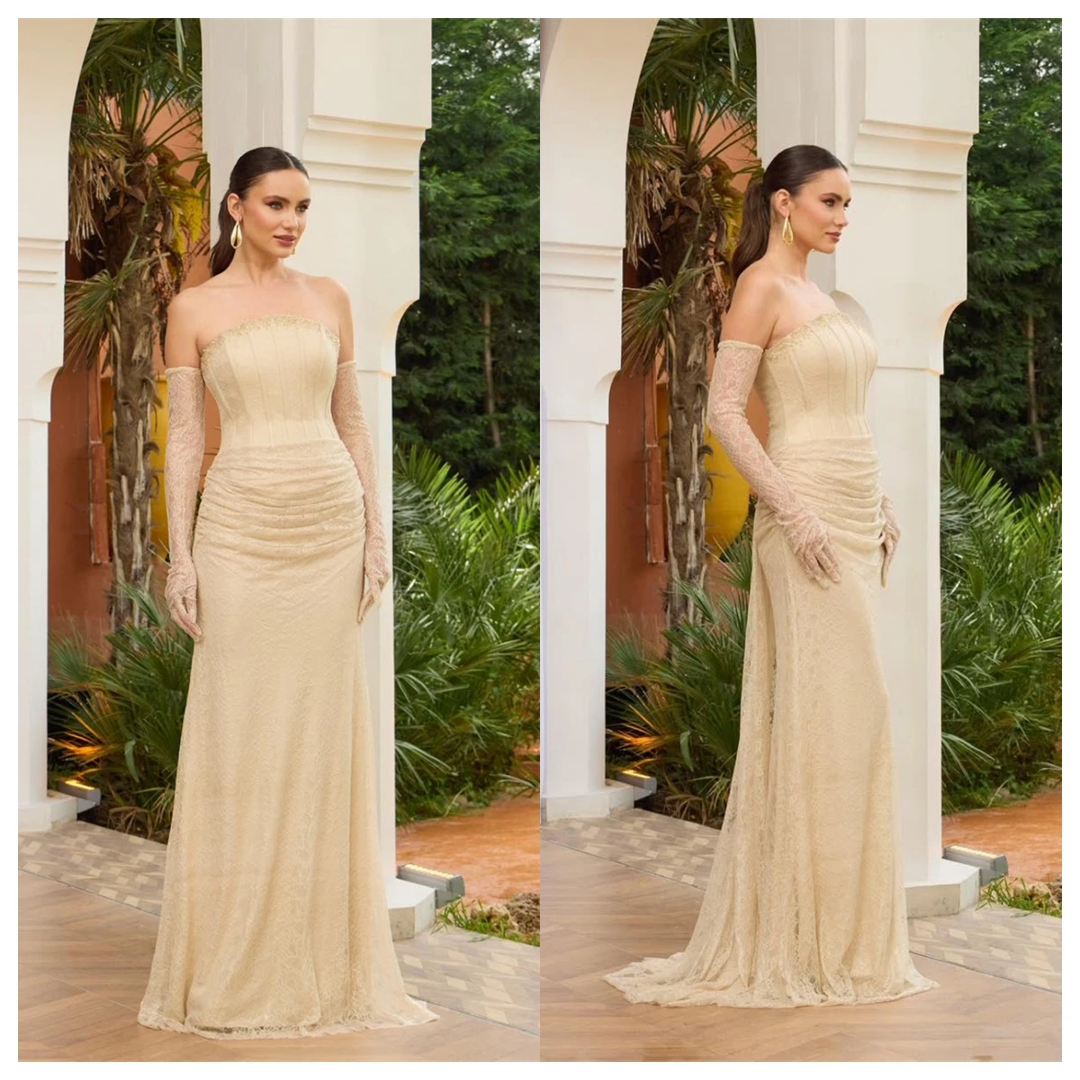 

Customized Luxury Yellow Tulle Evening Dress Strapless Sleeveless Bespoke Occasion Gowns Celebrity Gowns Lace Up Back Sexy