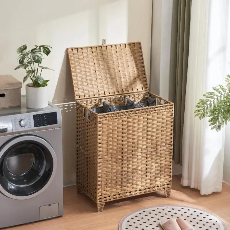 Large Laundry Basket 3 Section with 6 Removable Liner Bags Rattan Laundry Storage Basket for Bathroom Organization