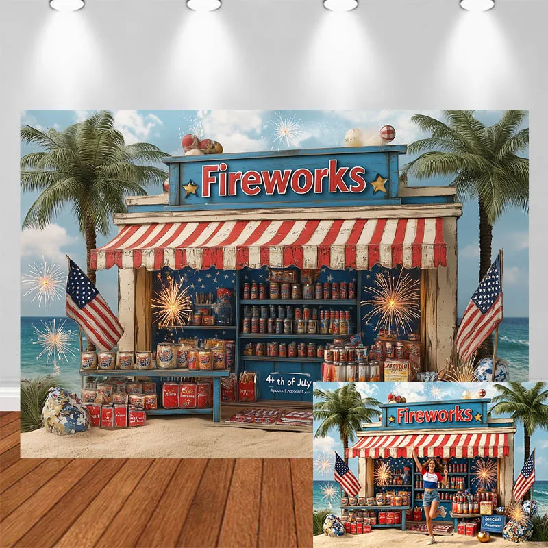 LS Photography Background Independence Day Summer Coconut Trees Beach Shop Sky Decor Adult Kids Portrait Photo Backdrop Studio