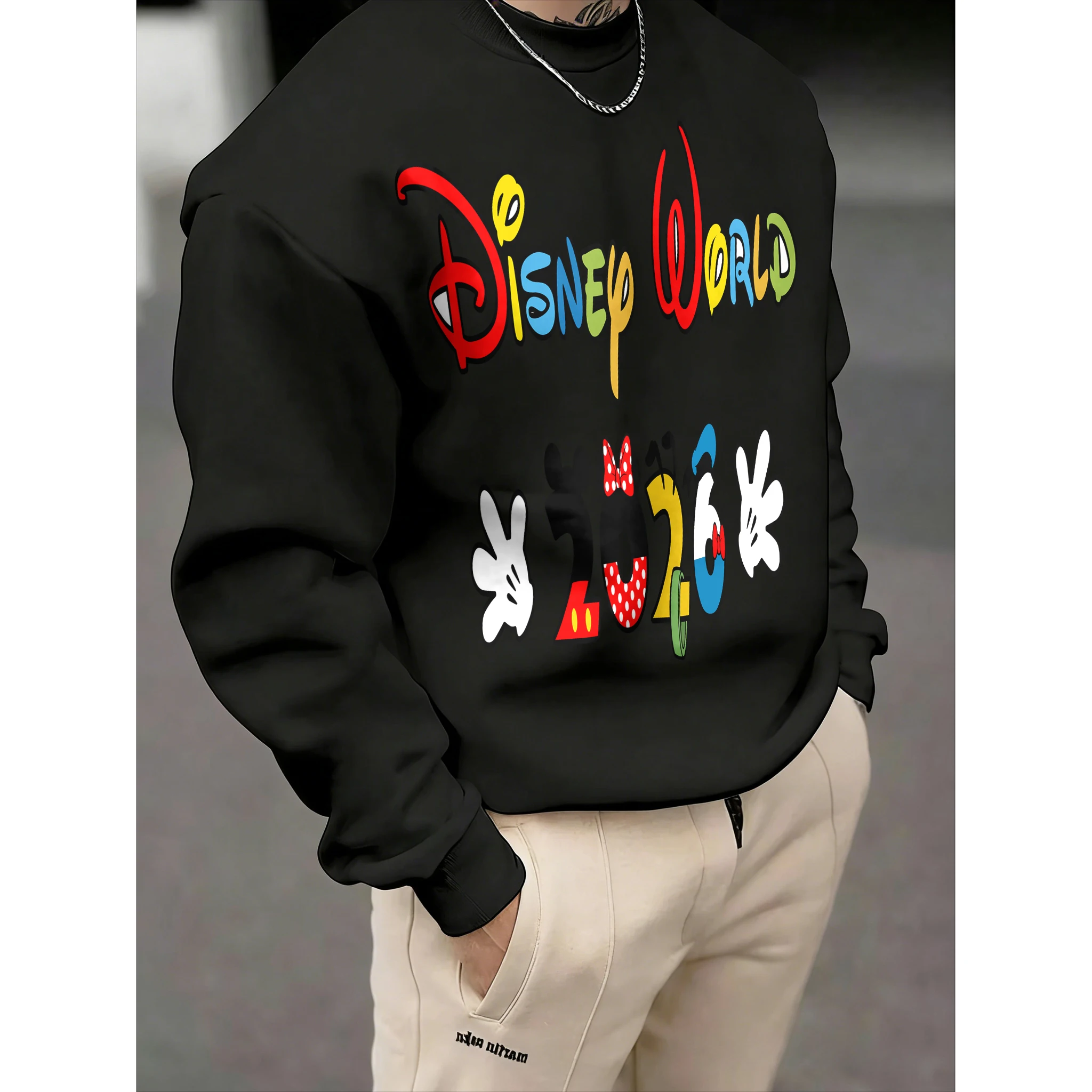 

Мужской свитер с круглым вырезом и принтом «Диснейленд», осень-зима 2026, модный, с начесом, из хлопка, теплый, свободный, повседневный