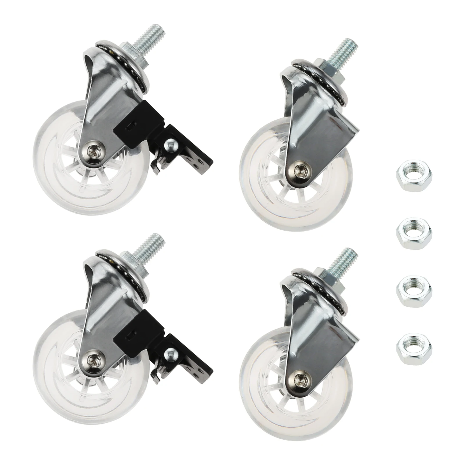 

4pcs 2" Threaded Stem Casters Clear PU M8 Swivel Wheel with/without Safety Brake Nuts Office Chair Desk Baggage Quiet Smoothly