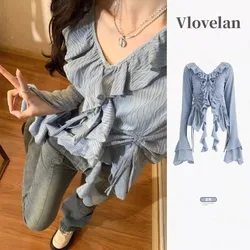 Sunscreen Shirt Spring Summer Design Sense Vneck Ruffled Edge Self Cultivation Long Sleeved Tops Female Lovely Lotus Leaf Sleeve