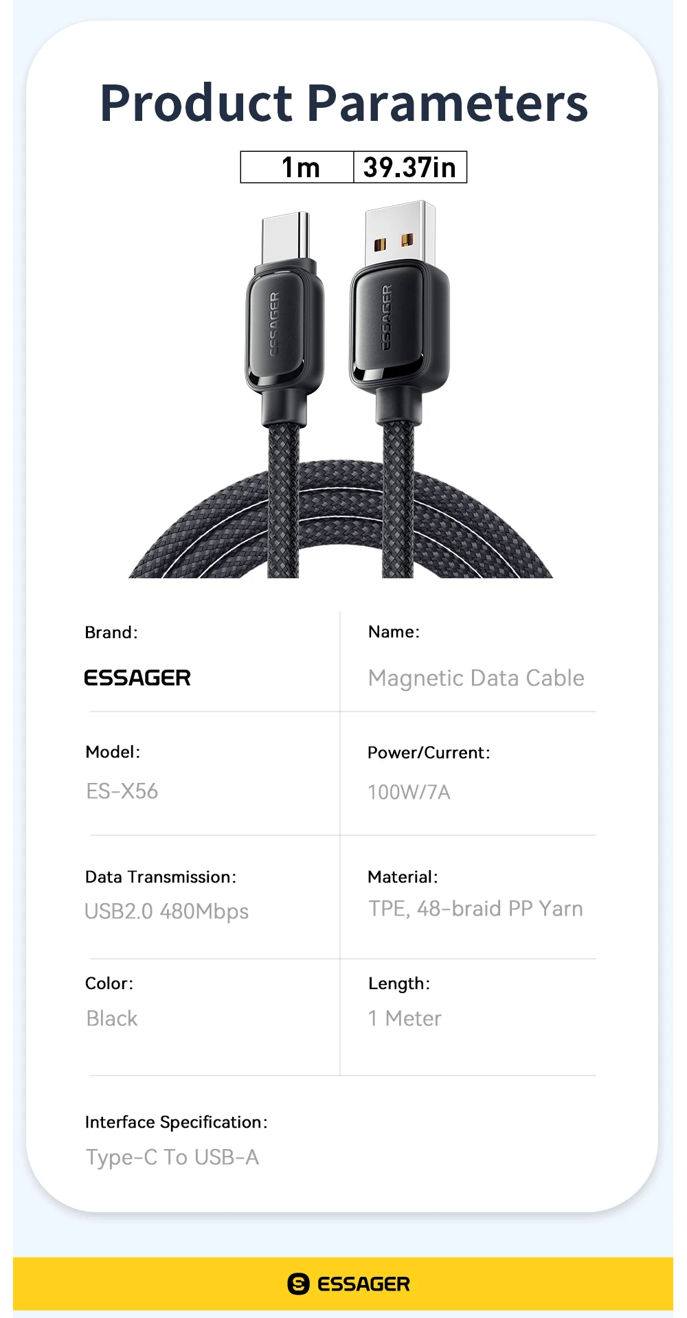Essager 7A Magnetic Fast Charger Cable USB A To Type C Magic Rope USBC Magnetic Cable Self Winding Cable For Vivo Oneplus OPPO