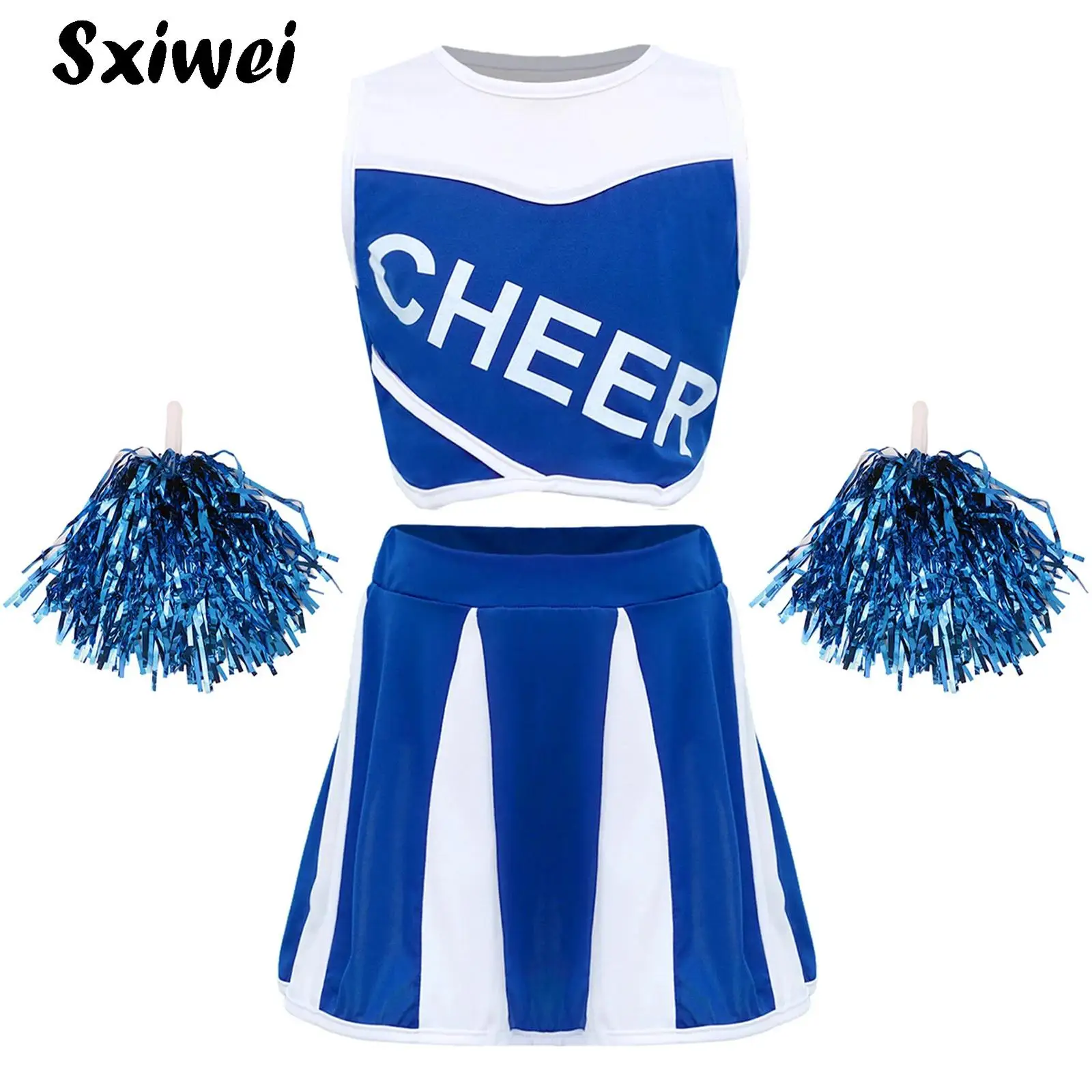 Child Girls Cheerleader Uniform Outfit Cheerleading Costumes Sleeveless Short Top And Skirt Hand Flower for Football Party Wear