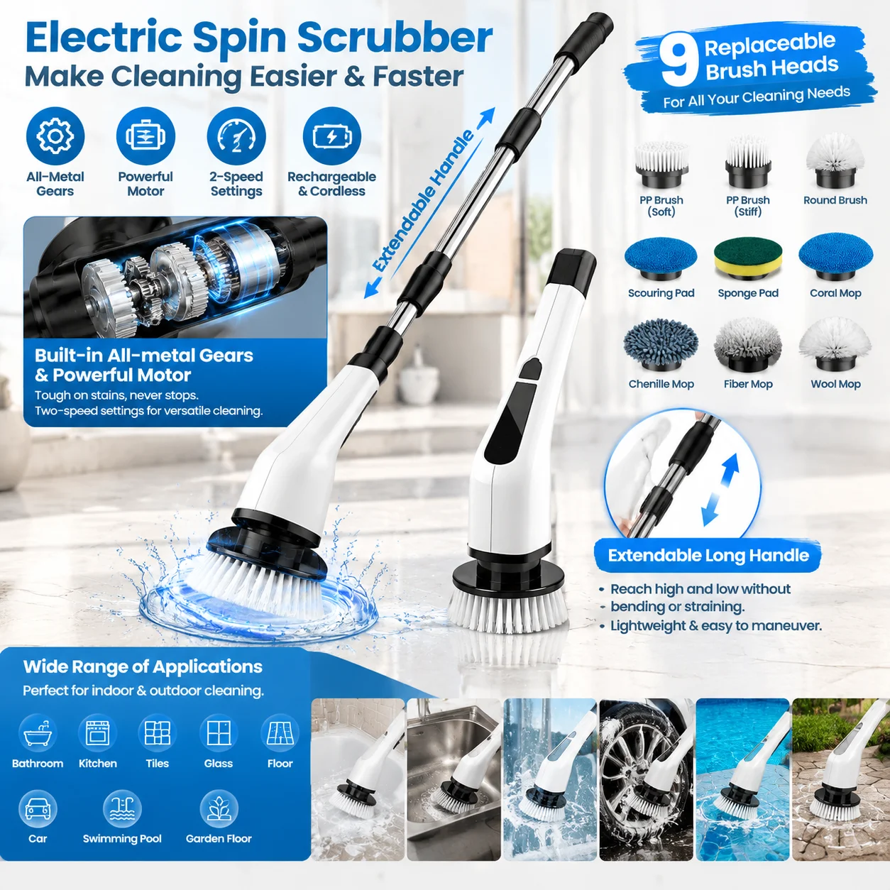 Cordless Electric Spin Scrubber with 3/9 Brush Heads, Rechargeable Powerful Cleaning Brush with Metal Gears and Extendable Rod, Multi Purpose Scrubbing Tool for Bathroom Kitchen Car Tile Floor Bathtub Shower Grout Home Use