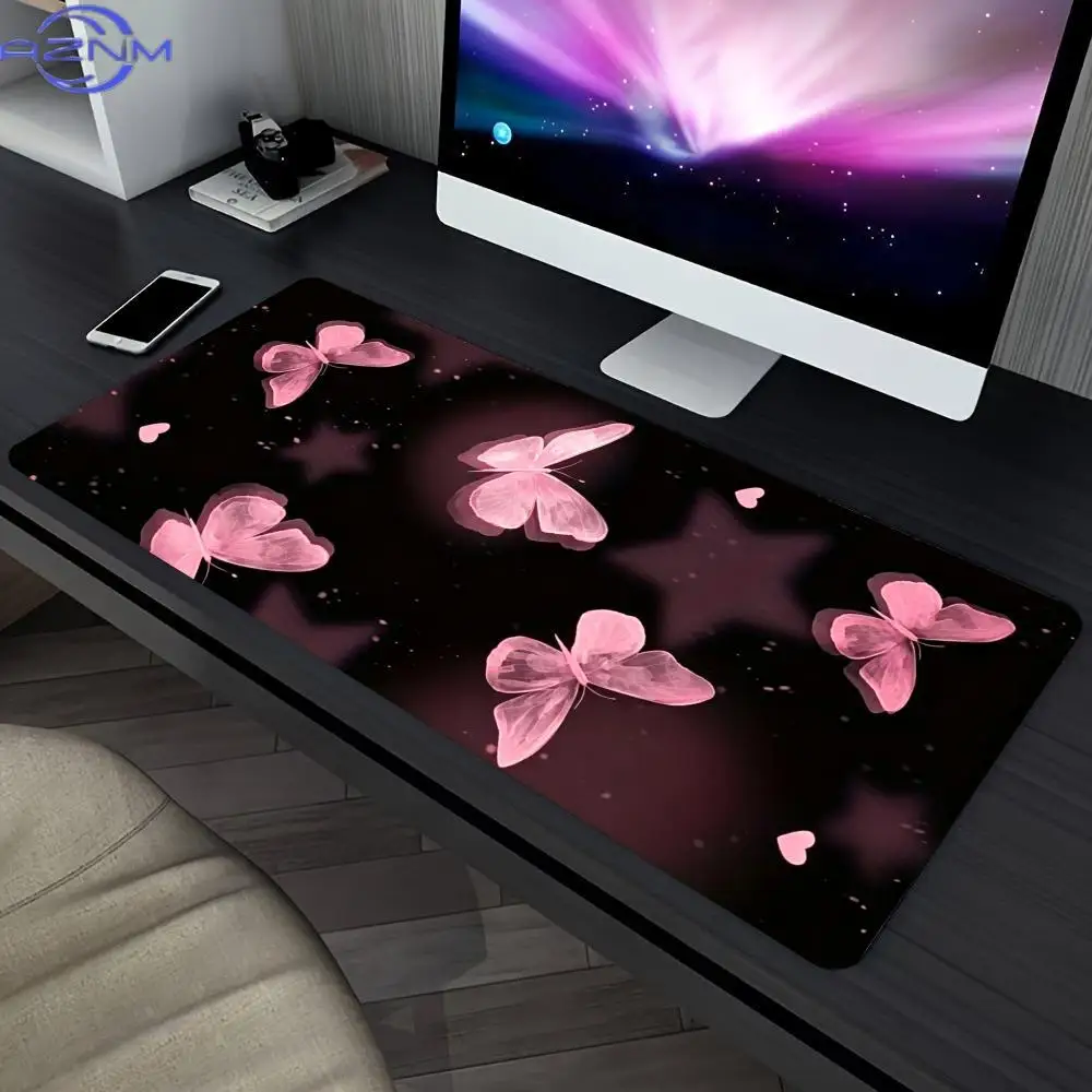 Pink Butterfly Starry Aesthetic Large Gaming Desk Mat Non Slip Rubber Stitched Edge Keyboard Mouse Pad E-Sport Office Daily Use