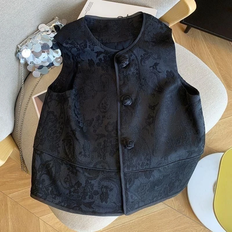 Elegant Light Luxury O Neck Veste Femme Jacquard New Chinese Style Slim Mujer Chaqueta Moda Sleeveless Temperament Coat