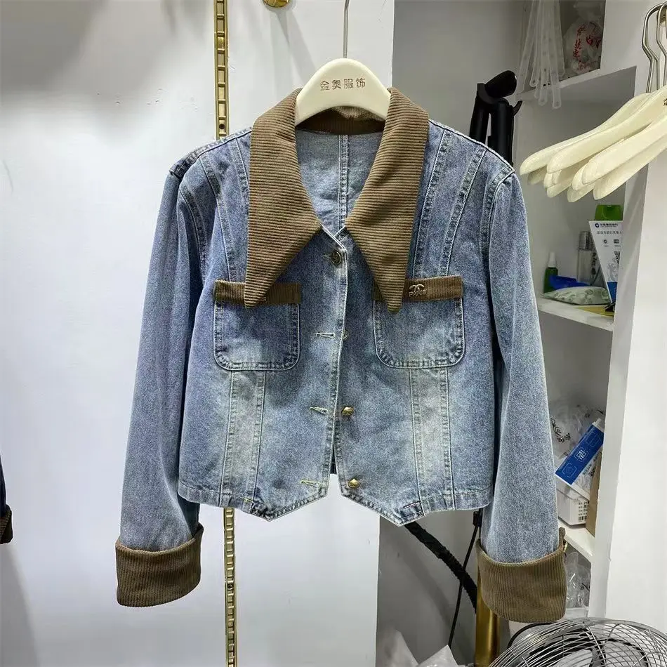 Fdfklak Spring Autumn 2023 New Women Dress Short Contrasting Polo Collar Denim Jacket Women Korea Fashion Chaquetas Para Mujeres