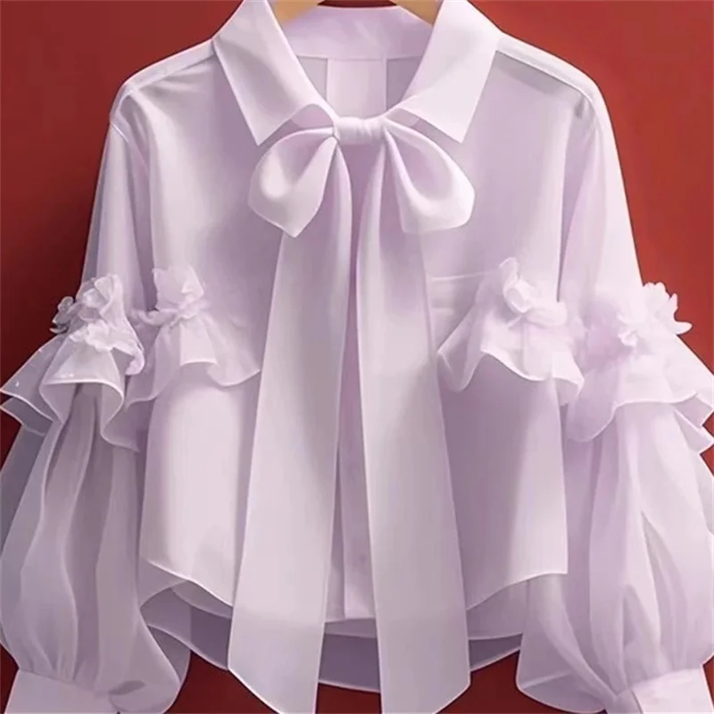 2025 봄 가을 새로운 여성 프랑스어 달콤한 블루 보우 짧은 셔츠 우아한 다목적 느슨한 카디건 숙녀 긴팔 블라우스상의