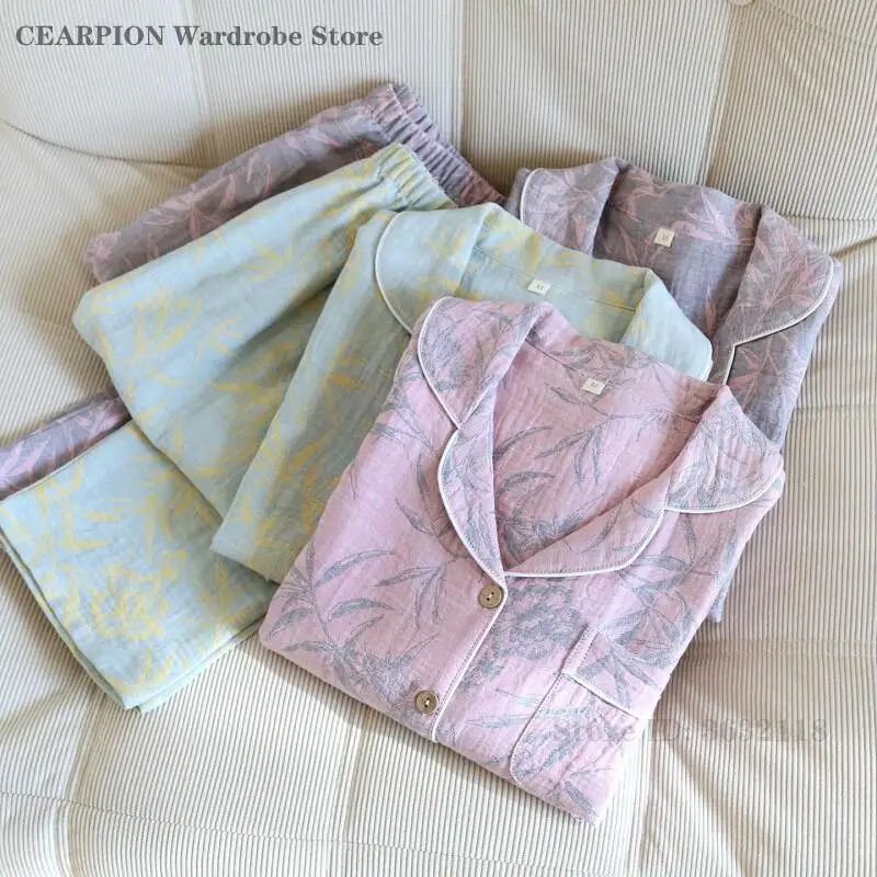 

Print Flower Women 2PCS Pajamas Set Spring New Sleepwear Cotton Gauze Nightwear Trouser Suits Loose Home Clothes Lounge Wear