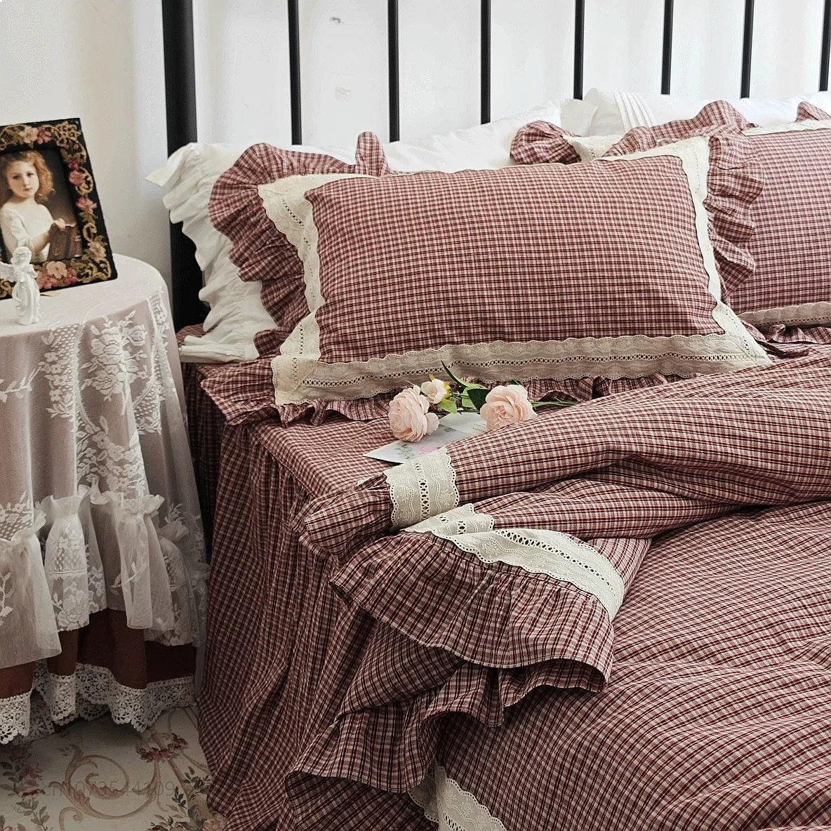 French Korean American Country Princess Plaid Cotton Bed Skirt Sheet Set 4-Piece