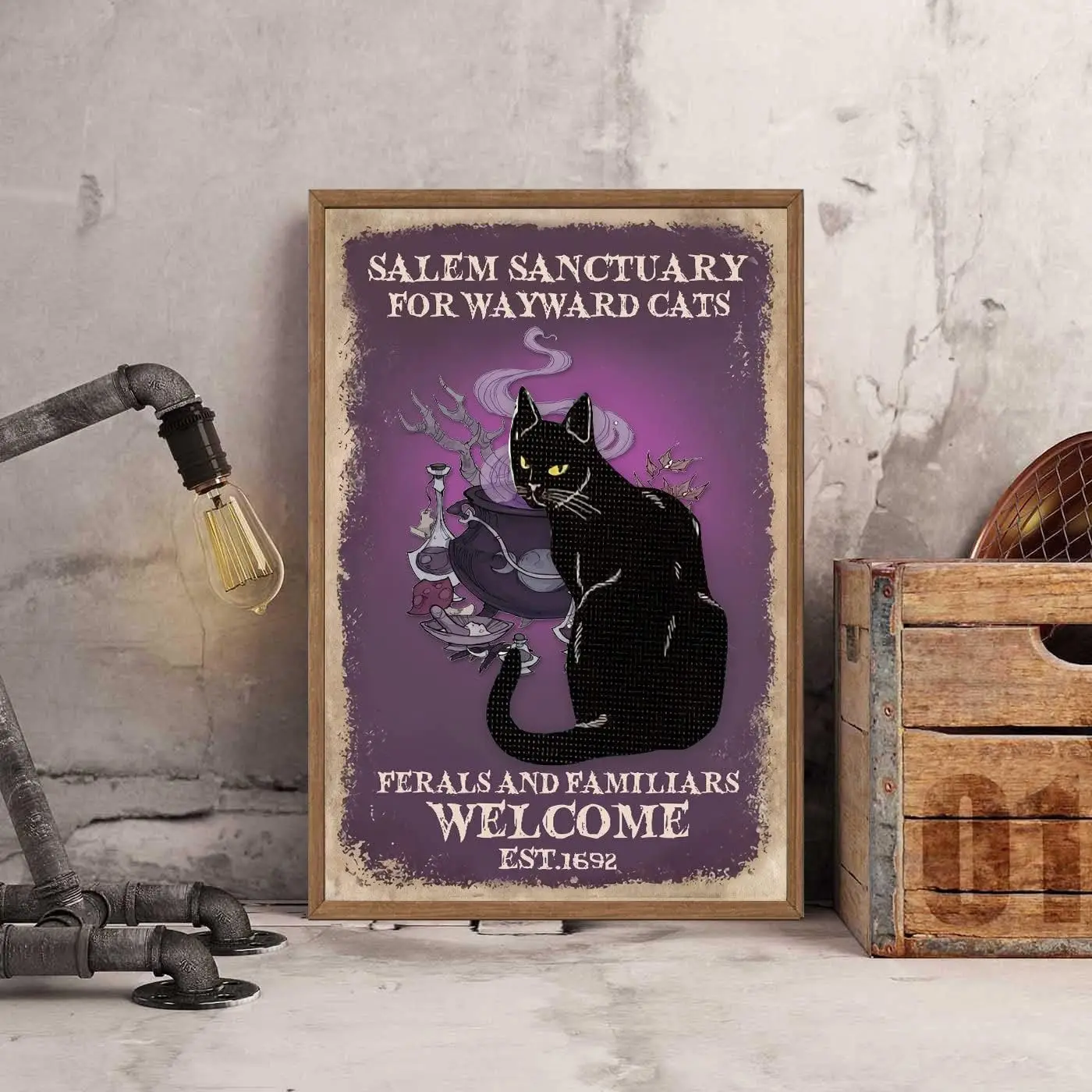 Retro Metal Tin Sign  Sanctuary for Wayward Cats Ferals and Familiars Welcome Poster Black Witch Vintage-aluminum