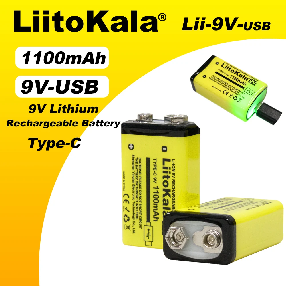 LiitoKala 9V 1100mAh USB Rechargeable Lithium Battery  6F22 for Multimeter Microphone Toy Guitar KTV