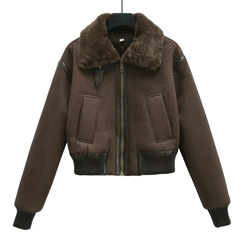 2023 Dames Winter Vintage Faux Leren Korte Jas Mode Warme Revers Kraag Dikke Parka 'S Dames Bovenkleding