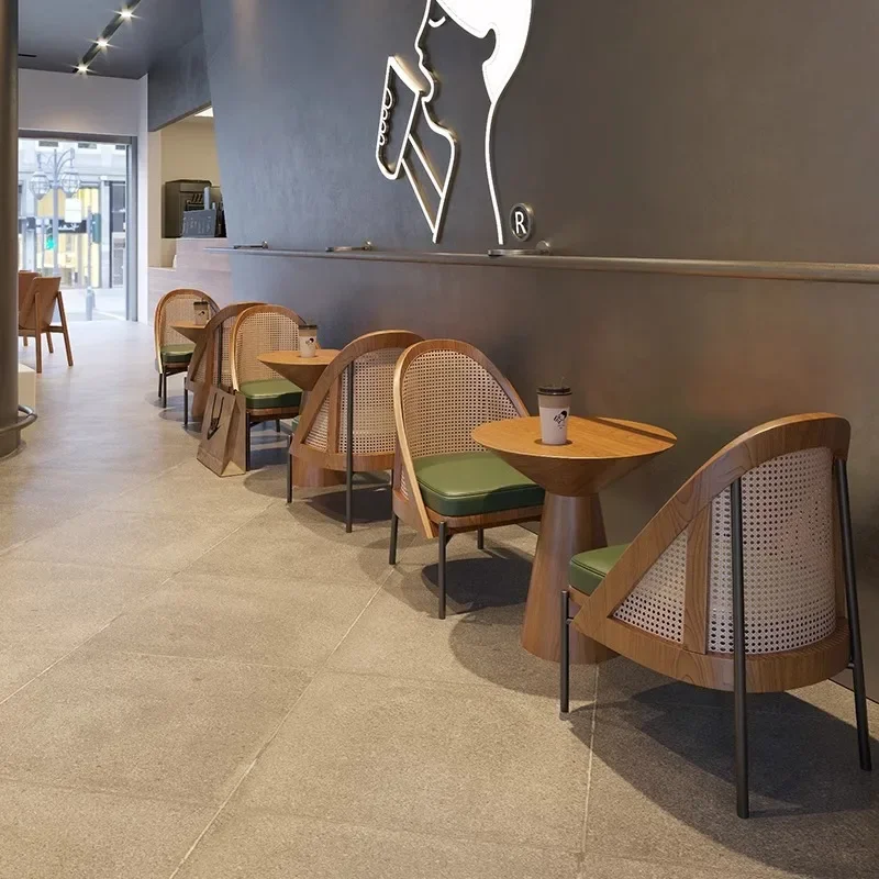 Cafe sofa rattan single sofa chair solid wood designer wabi sandy wind medieval chair catering milk tea shop table and chair
