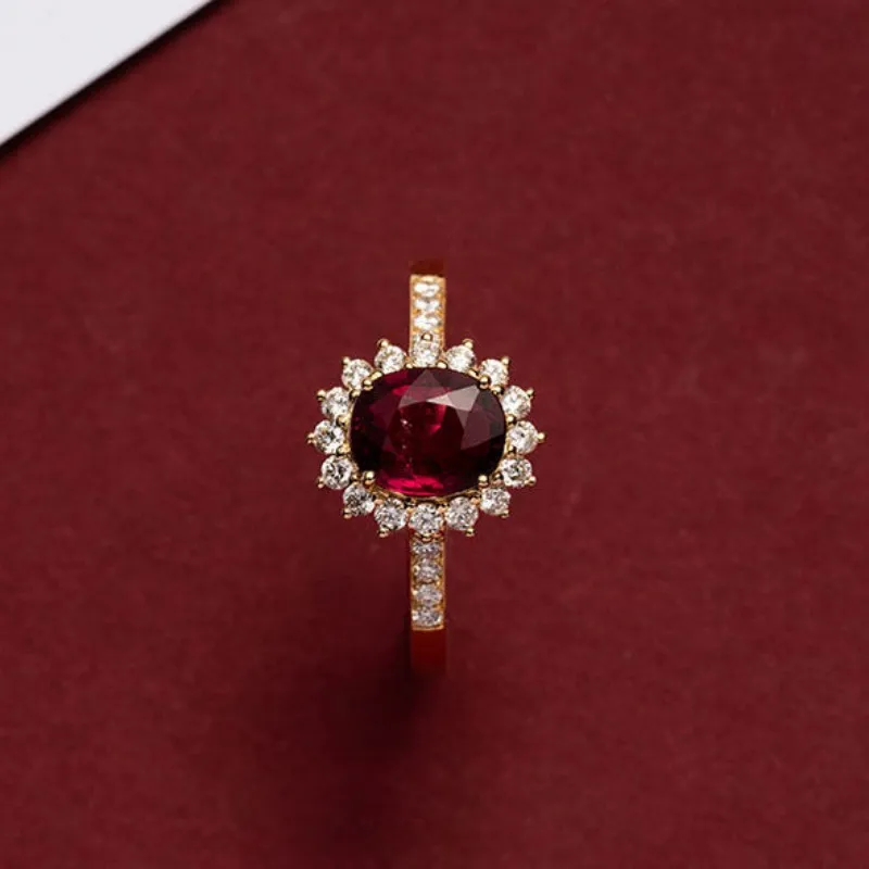 CCFJOYAS 100% 925 Sterling Silver 18k Gold Plated Retro ruby ​​Ring for Women Exquisite Oval Rose Red Zircon Vintage Finger Rin