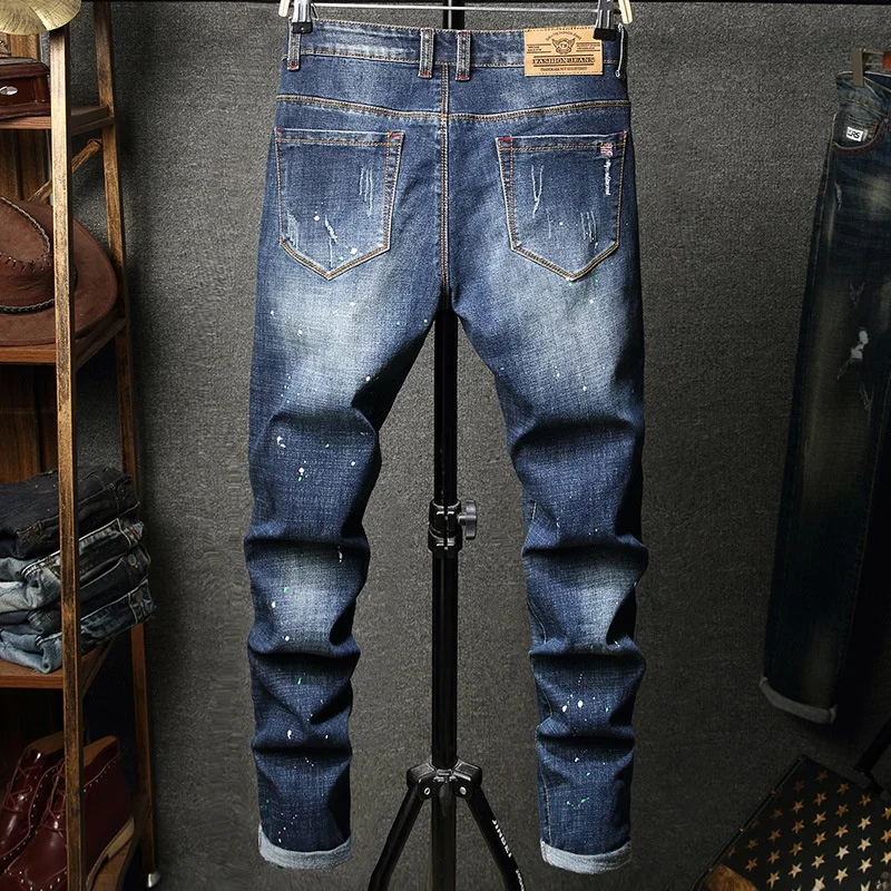 

Slim Fit Stretchy Men's Jeans Personality Fashion Long Trousers Trendy Straight Leg Cotton Casual Zipper Pocket Youth Jeans