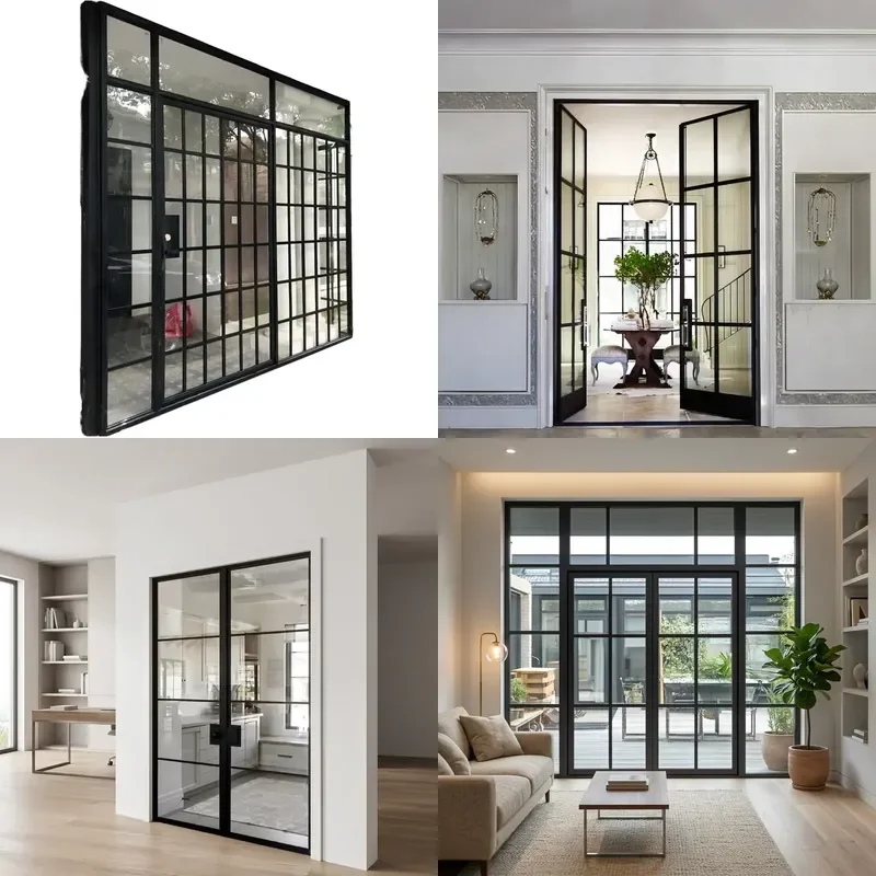 for Villa Simple Style Aluminum Alloy Stainless Steel Double Door Black Frame Tempered Glass Waterproof Floor Courtyard