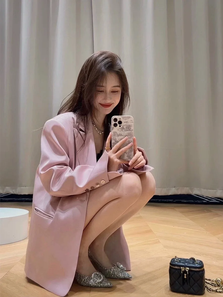 Pink Satin Suit Jacket Women's Early Spring New Lightweight Luxury Loose Shoulder Pad Design Sense West Coat Top