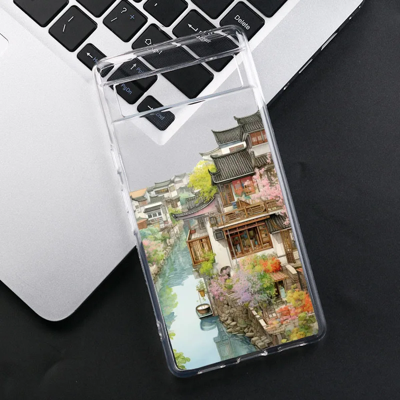 Anime House Landscape Phone Case For Google Pixel 8 Pro 9 Pro XL 8A 8 7 6A 5G Holiday Street Scenery Clear Soft TPU Cover Fundas