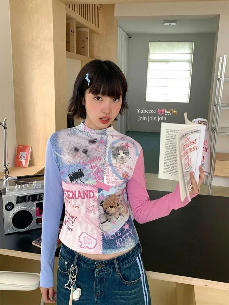 Seeslim Cartoon Graphic T Shirts Woman Clothes Long Sleeve Japan Style Tees 2000s Clothes Y2k T-shirt Kawaii Autumn Tops Chic