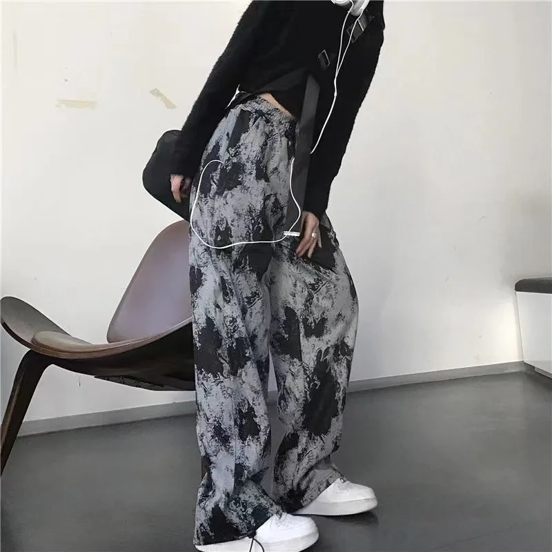 Casual Pants Women 2024 Spring New Versatile High Street Tie-Dye Straight Loose High Waisted Full Length Drawstring Pants Female