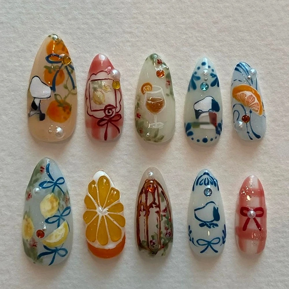 10Pcs Press On Nails Cute Style Handmade Hot INS Y2K 3D Medium Almond Fake Nails Reusable Full Coverage Art DIY Nails