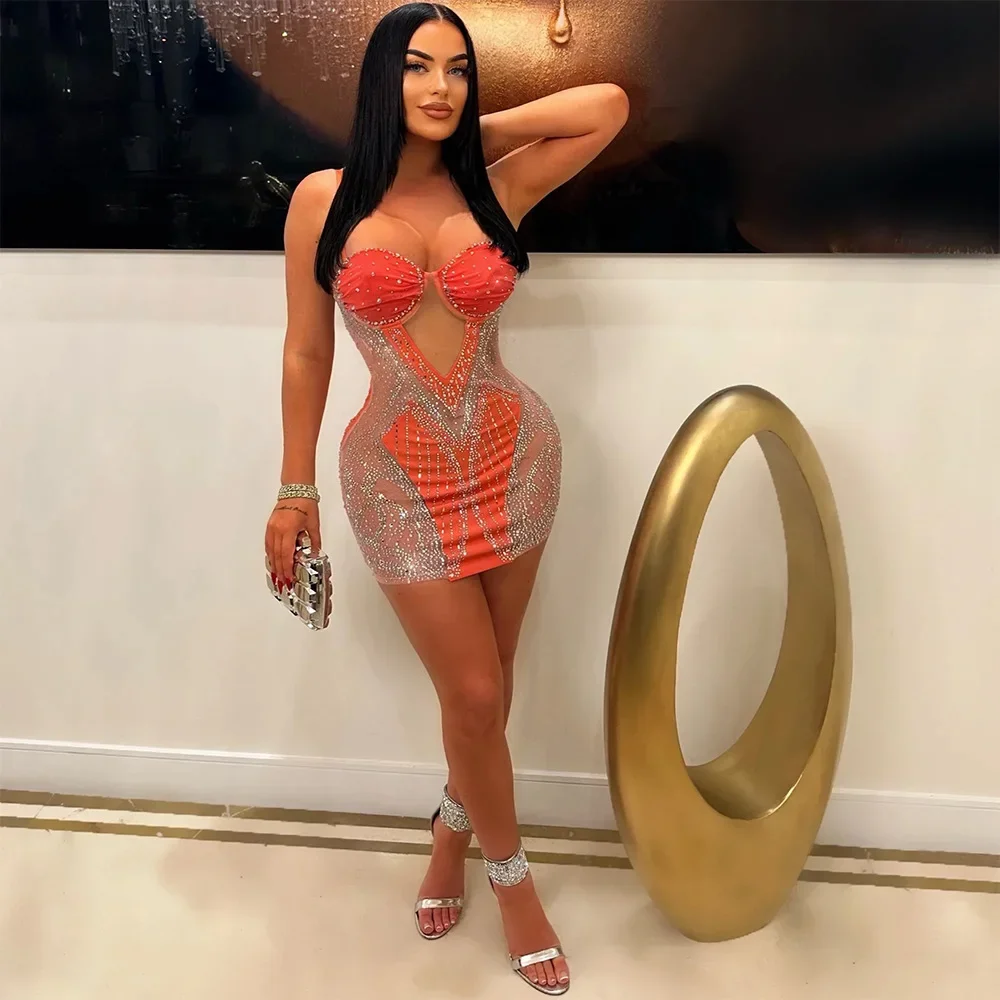 

Sexy Night Club Party Dresses Women Mesh See Though Patchwork Strap Diamonds Hot Rhinestones Bodycon Midi Dress Even Vestidos