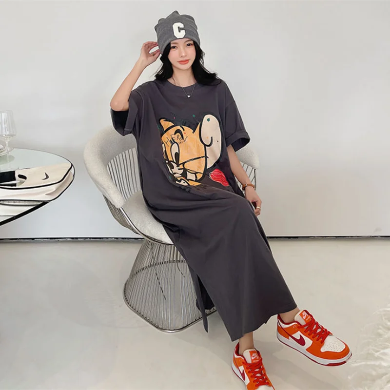 Trend Printing Loose T Shirt Dress Summer New Short Sleeve Solid Simplicity Fashion Midi Dress Casual Harajuku Women Clothing