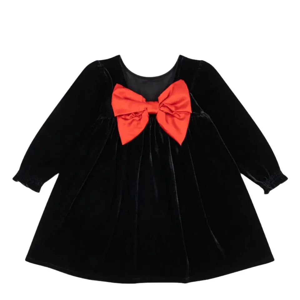 Girls Dress 2024 Fall And Winter New Bow Velvet Children\'s Dress Cotton Mesh Cute Christmas Princess Dress Children\'s Clothing